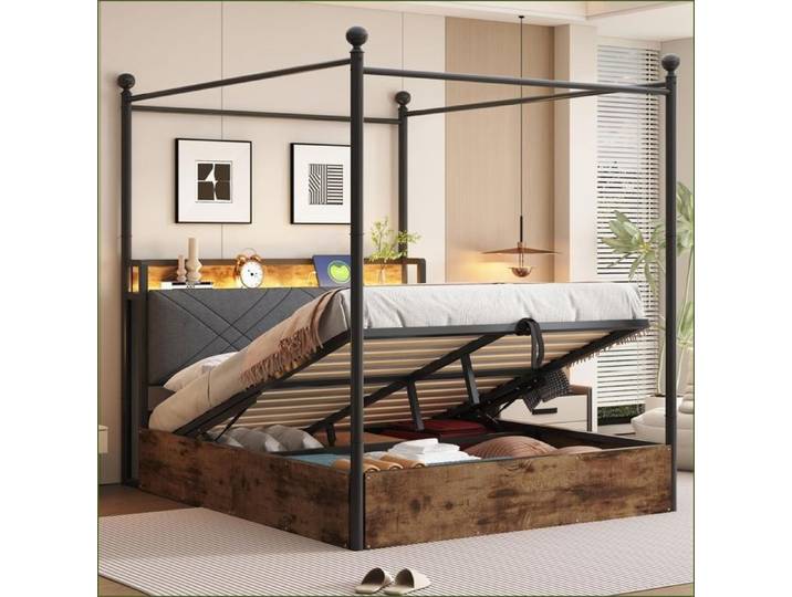 Cadre de Lit 140x190 cm Multifonctionnel - Hydraulique LED & USB-C - Noir