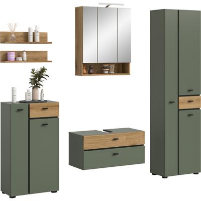 Badmöbel-Set WELLTIME "VANN, 6-teilige moderne Badkombination, inkl. Beleuchtung", grün (sage grün, evoke oak nachbildung, schwarz), B:207cm H:191cm T:35cm, Holzwerkstoff, Kastenmöbel-Sets, Badmöbel-Set, Bad-Kombination, Bad-Möbel, Badezimmer,...