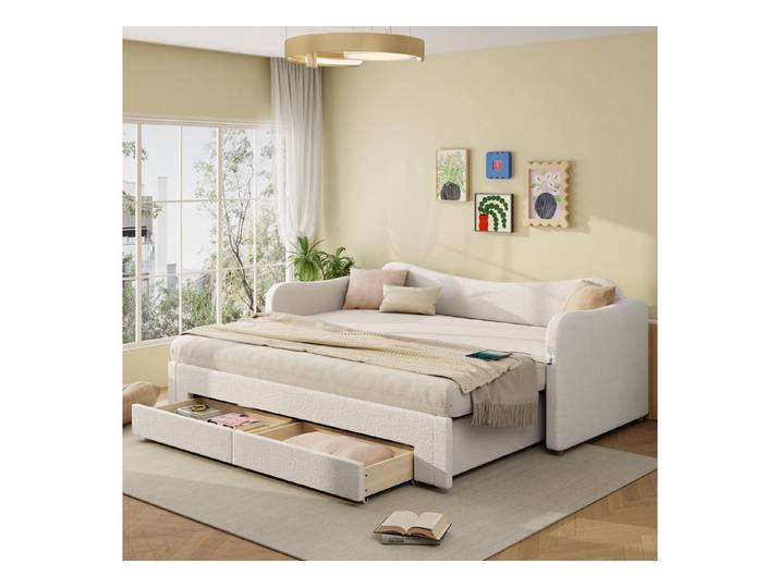 STILVORA Polsterbett 90x200 mit Matratze Tagesbett mit 2 Schubladen ausziehbar auf 180 cm (Daybett mit USB-Anschluss Boucle, vermeidet Platzverschwendung, passt sich flexibel verschiedenen Situatione), ergonomisch geformt Kopfteil