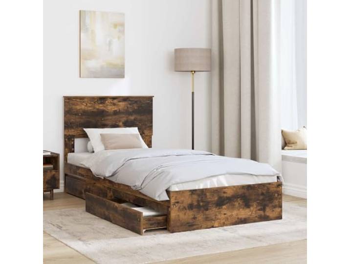 SKTQYQO Bettkasten Eiche Rauchgrau 90 x 190 cm Mehrschichtiges Holz, mit Schubladen, minimalistisches Design, einfache Montage