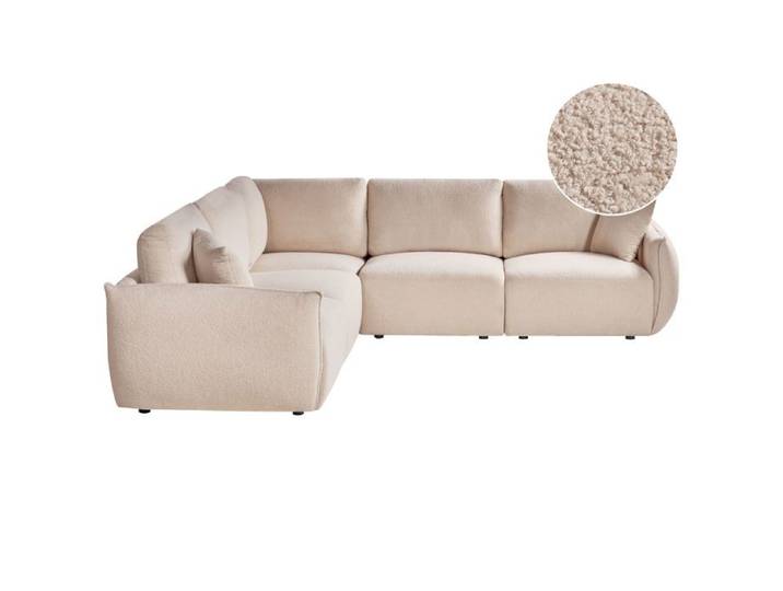 Canapé d\'angle modulable 5 places MESNALI Bouclé Beige Côté droit