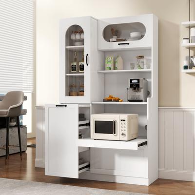 Kodotan sofa Tall Freestanding Kitchen Pantry Cabinet with Arched Glass Door, Flip-Up Cabinet Door, Pull-Out Shelves & Drawer