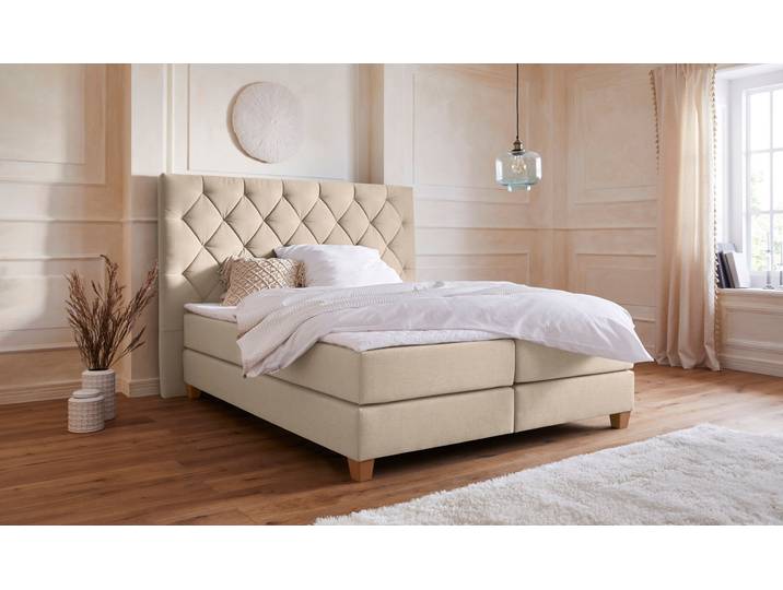 Boxspringbett, Struktur (100% Polyester), Beige, 203×210 cm, 7-Zonen-Kaltschaummatratzen, Modern, Home-affaire