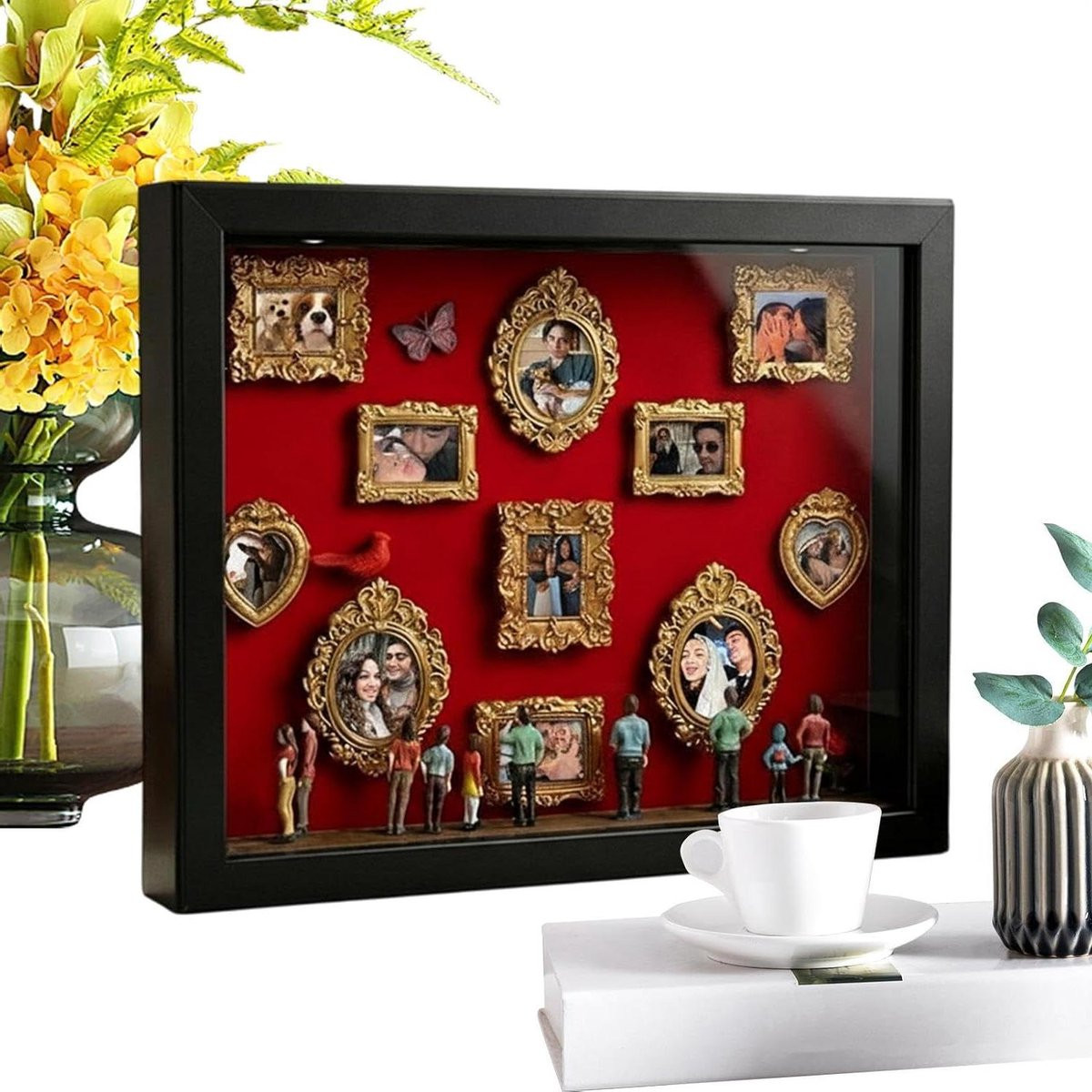 Mini Museum Fotolijst Herinneringsdecoratie Displaykast Zwart met Rood Breedte: 31.4 cm