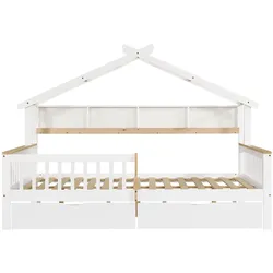 MODFU Kinderbett Massivholz+MDF Weiß/Natur 218,5x146,5x152 cm mit Dachdesign, Fallschutz und 2 Schubladen