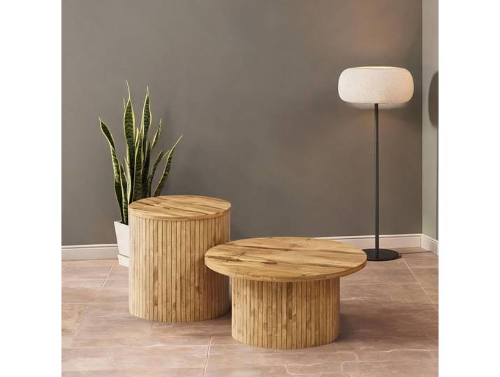 Table basse double ronde en MDF naturel design scandinave modulable pour salon