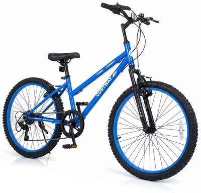 Costway 24 Inch Kids Mountain Bike Adjustable with 7 Speed and Suspension Fork-Blue