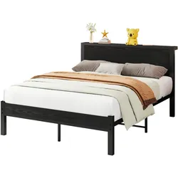 MODFU Einzelbett 140x200 cm Metallgestell mit Stauraum-Kopfteil Stabil Geräuschfrei Schwarz Schlafzimmer Ordentlich Praktisch