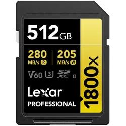 Lexar PRO 1800X SDXC U3 (V60) UHS-II R270/W180 512GB (512 GB, SDXC, U3, UHS-II), Speicherkarte