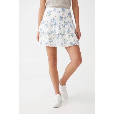 Minirock ONLY "ONLSAGA LACE MINI SKIRT", Damen, Gr. L (40), blau (cloud dancer aop:floral winter sky (saga)), Spitze, Obermaterial: 97% Polyamid, 3% Elasthan, bedruckt, geblümt, mini, Röcke Minirock, Materialmix