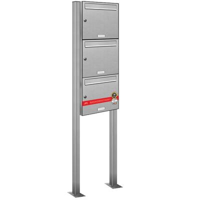 AL Briefkastensysteme 3 Fächer Premium Edelstahl Stand Briefkasten Anlage für Post A4 modern, robust, wetterfest, Artikelnummer: 331T3S1