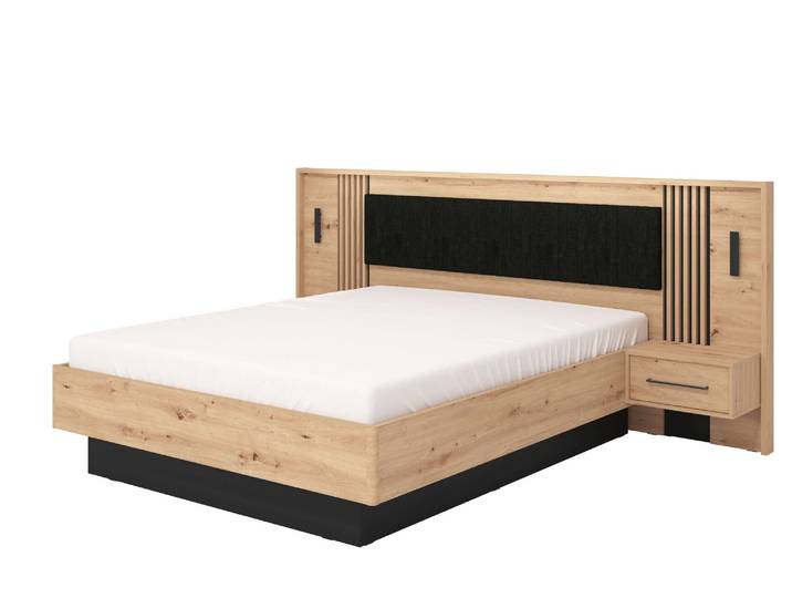 Bettgestell HOME AFFAIRE Ascalon, Liegefläche 160x200cm, gepolstertes Kopfteil , braun (artisan eiche, schwarz), B:268cm H:115,5cm L:208,5cm, 92%PES, 8%NY, Betten, Bettgestell, Bettanlage mit 2 Wandpaneelen inkl.Nachttische, 3D-Look durch Lamellen