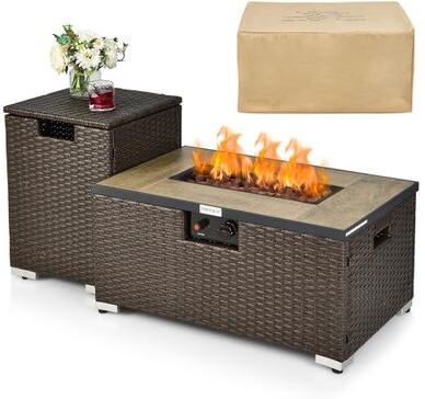 Costway 32 x 20 Inch Propane Rattan Fire Pit Table Set with Side Table Tank and Cover-Brown