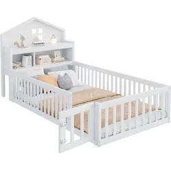 OKWISH bett 90x200 Massivholz Hausrahmen Kreidetafel Stauraum Regale Schutzgitter Lattenrost robust vielseitig Weiß