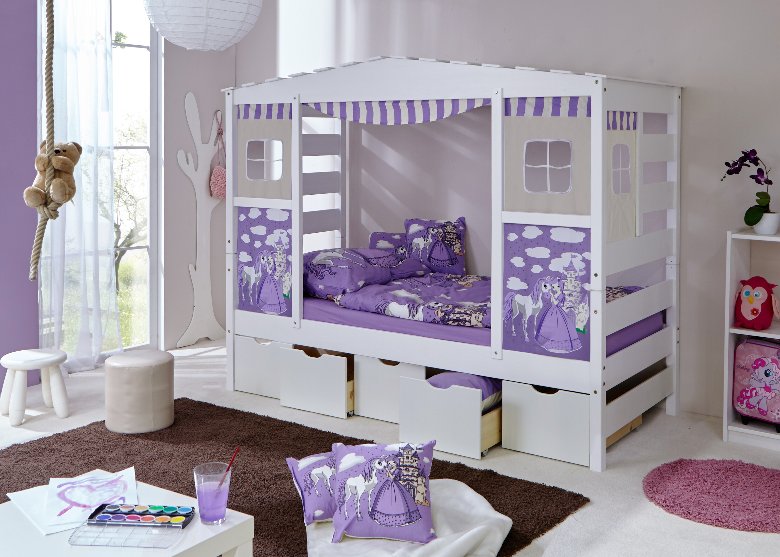 Hausbett Hochbett Spielbett Massivholz Kiefer Weiss teilbar, Bettkasten:Maria