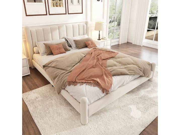 Lit rembourré - LANGTU - 180x200 - Velours beige - Sommier à lattes - Tête de lit éventail