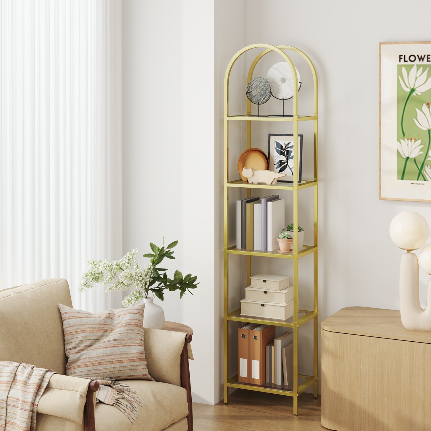 VASAGLE Regal mit 5 Ebenen, Bücherregal aus Hartglas, bogenförmiges Aufbewahrungsregal LGTB35501A01