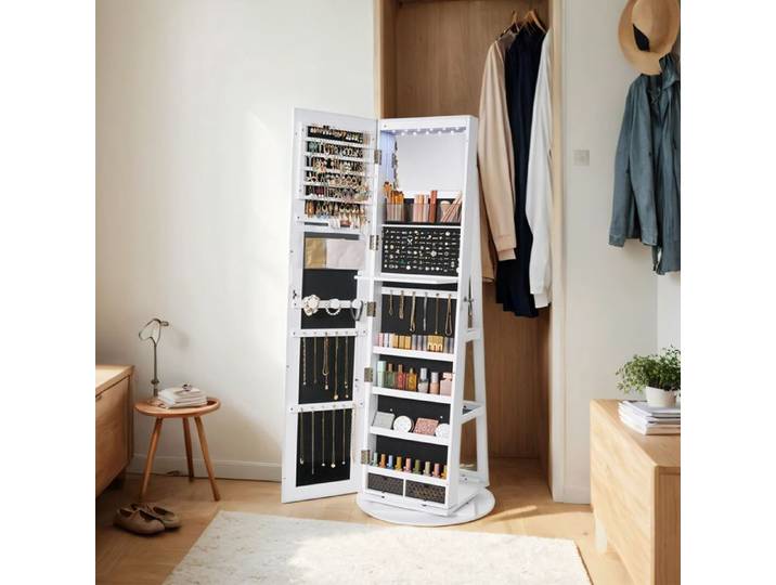 Armoire à bijoux - Miroir sans cadre - Verrouillable - LED - Pivotant 360° - Blanc