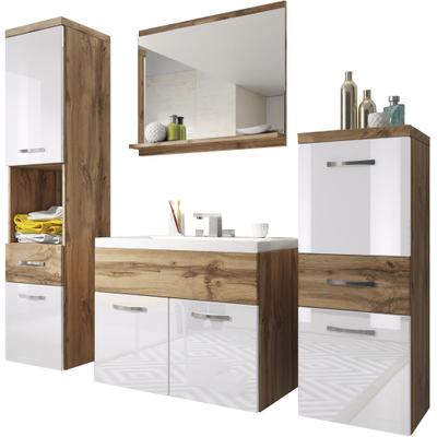 Badmöbel-Set WELLTIME "ELDA", braun (wotan eichefarben), B:120cm H:133cm T:34,5cm, Holzwerkstoff, Kastenmöbel-Sets, Badmöbel-Set, Waschtisch inkl. Waschbecken, Hochschrank, Badschrank und Spiegel