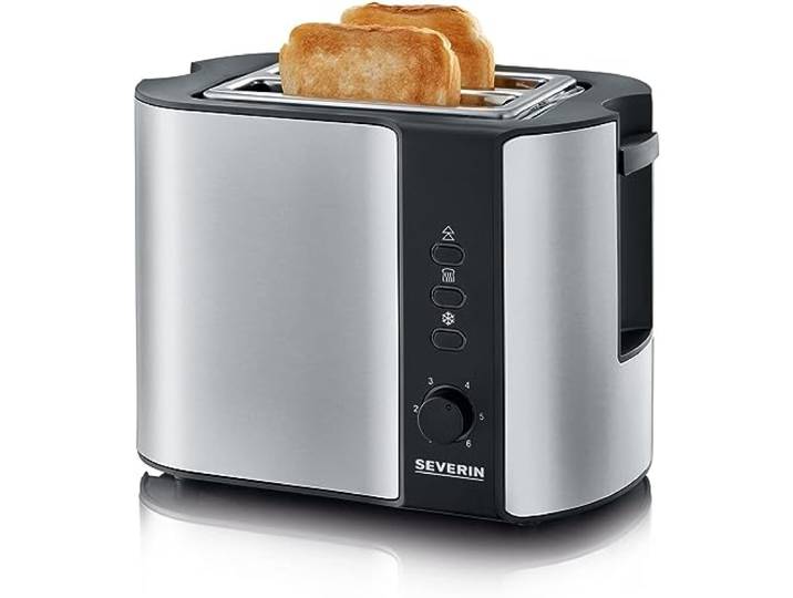 SEVERIN Grille-pain automatique 800 W\, Toaster compact 2 fentes jusqu'à 2 tranches\, Grille-pain électrique avec réglage du degré de brunissage & fonction décongélation\, inox/noir\, AT 2589