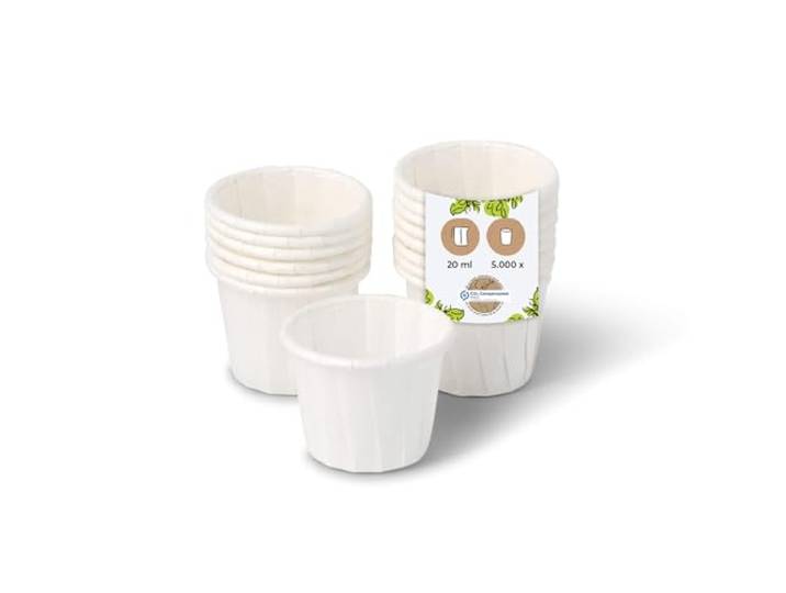 BIOZOYG Papierbecher 20 ml weiß I nachhaltige Dipschale für Saucen & Dips I weißer Becher aus gewachstem Papier I biologisch abbaubar & plastikfrei I aus recycelten Materialien I 5000 Stück
