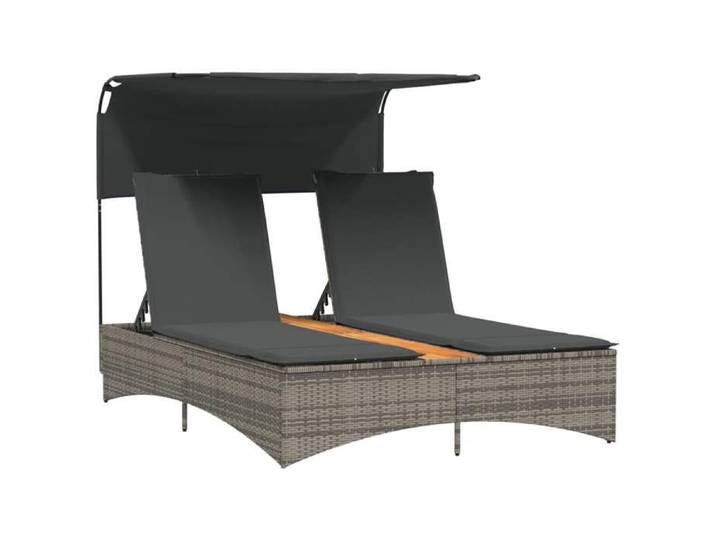 91050& CHIC Chaise longue Bains de soleil transat d'extérieur double et auvent et coussins gris - résine tressée - 136x202x140 cm