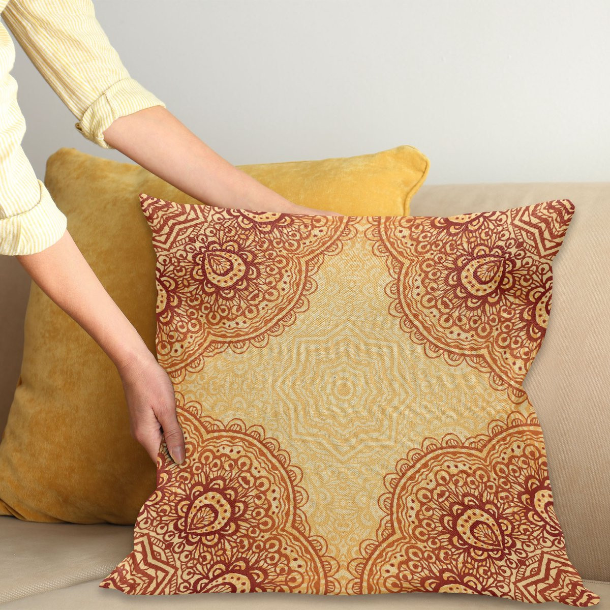 ABAKUHAUS Mandala Sierkussenhoes - Boheems Stijl - Oranje Goudsbloem - 45 x 45 cm