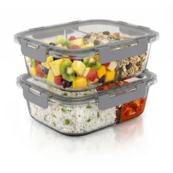 Arendo Frischhaltedose, 2 Fächer, Deckel, 2er Set Glas Vorratsdosen, Lunchboxen, auslaufsicher, transparent