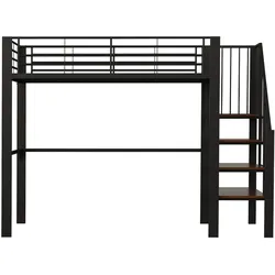 STILVORA Hochbett aus Metall und Holz, Schwarz, 90x200 cm, gewerblich geeignet, mit Stauraum und Treppe