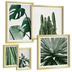 BILDER SET 5er Set - 50x50 cm & 20x30 cm & 40x60 cm Goldrahmen - Bambusblätter