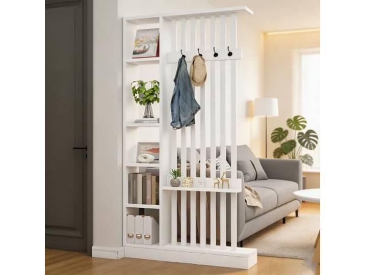 Raumteiler mit Regalen, Trennwand für den Eingangsbereich, Säule vom Boden bis zur Decke – freistehender Raumteiler mit Ablagefach, freistehende Dekoration für Schlafzimmer (B White + White, 100cm)