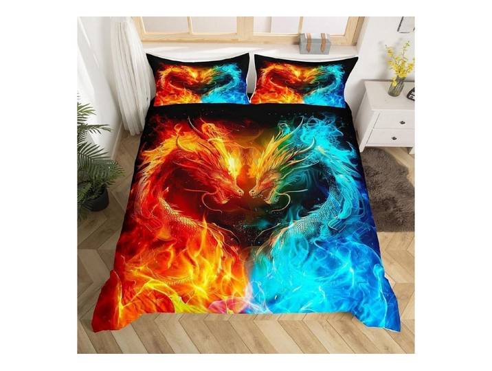 LuxusKollektion Kinderbettwäsche Bettwäsche Set 155x220cm Drache Eis Feuer Gelb Blau