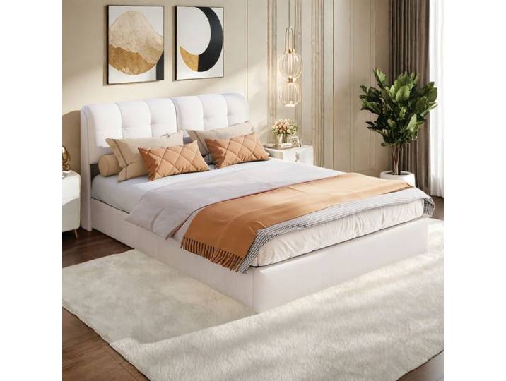 Lit coffre 160x200cm - Lit adulte avec LED - Tissu velours - Rangement hydraulique - Beige