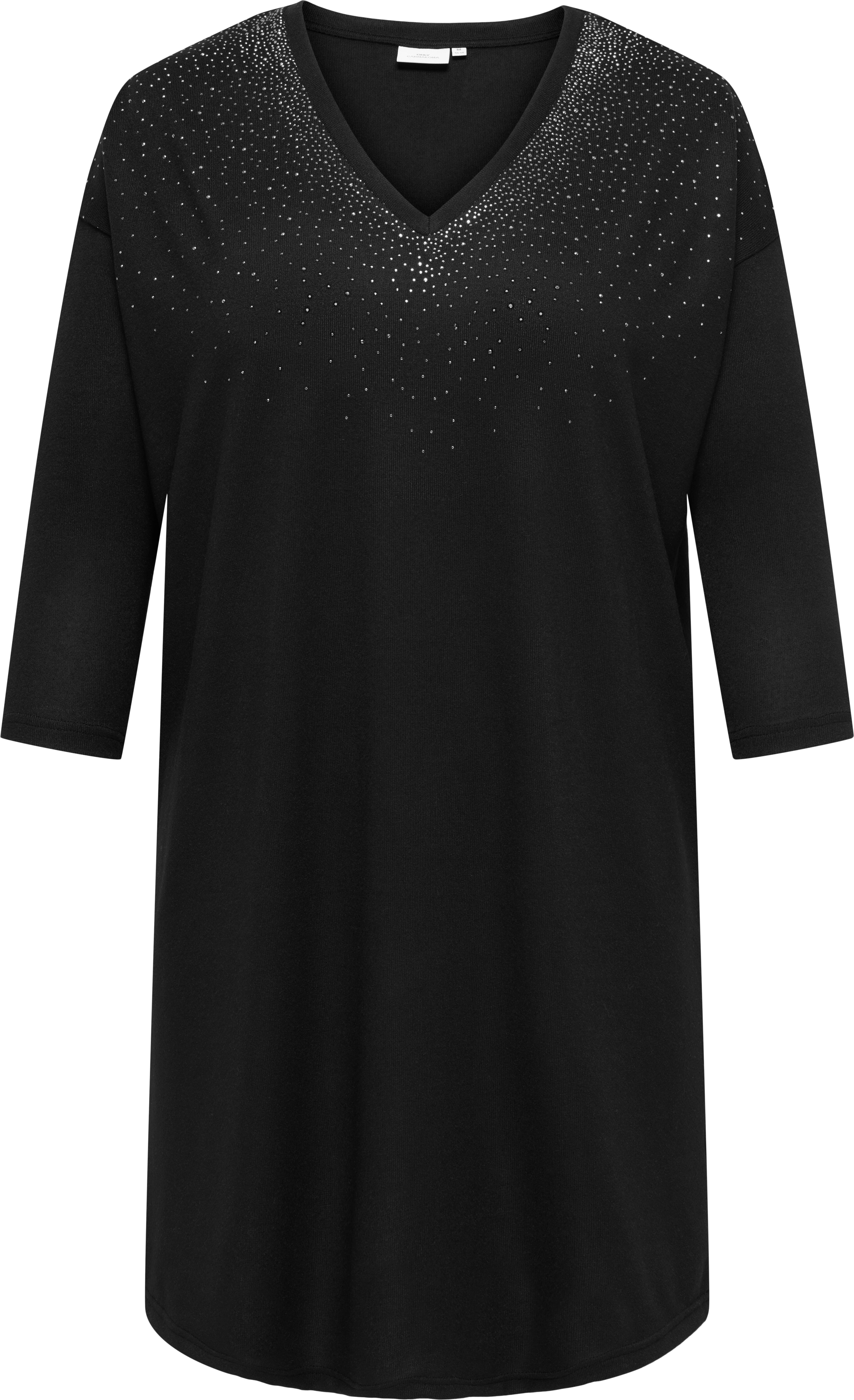 Jerseykleid ONLY CARMAKOMA "CARALBA 3/4 SL V-NECK ABK DRESS JRS", Damen, Gr. M, N-Gr, 3/4 Arm, Jersey, schwarz (schwarz detail:dusty front), Jersey, Obermaterial: 95% Polyester, 5% Elasthan, unifarben, slim fit, V-Ausschnitt, Kleider Jerseykleid, Sommerkl