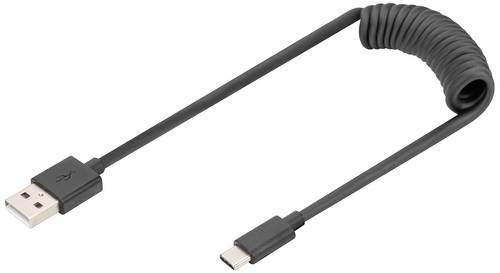 Digitus USB-Kabel USB 2.0 USB-A Stecker, USB-C Stecker 1.00 m Schwarz beidseitig verwendbarer Stecker, doppelt geschirmt, Flexibel, Spiralkabel AK-