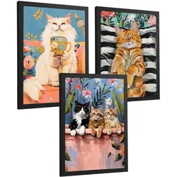 POSTER 3er Kunstdruck-Set Wandbilder Katzen modern Wohnzimmer Deko, Schlafzimmer, Küche, Badezimmer Schwarzer Rahmen A4