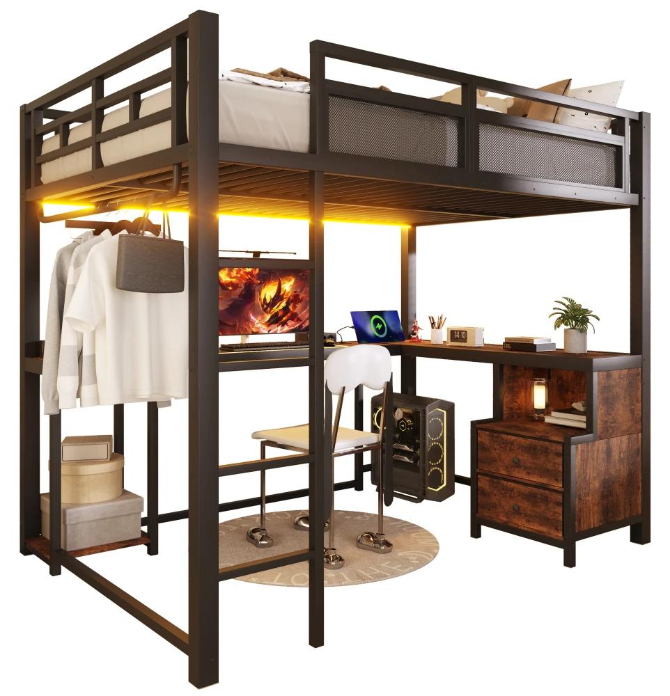 Hochbett - Metall-Hochbett - 140 x 200 cm - Integrierter Schreibtisch - Stauraum - Einbauschrank - Schwarz