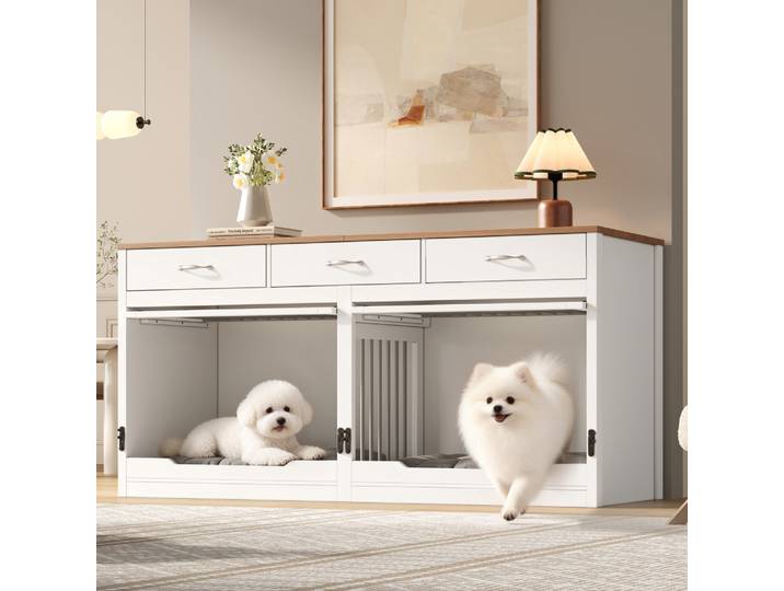 Cage pour chien 164×60×81cm, meuble pour chien en bois texturé, niche d'intérieur pour 2 chiens avec dessus pliable, séparateur amovible, armoire-cage