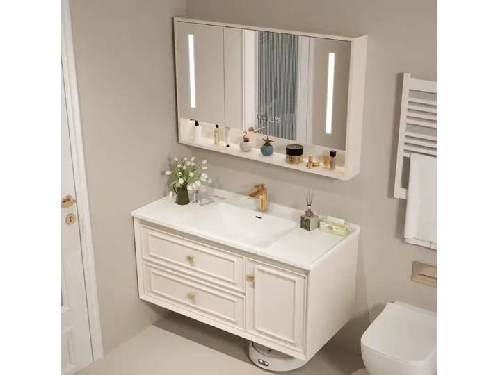 Meuble de salle de bain combiné avec lavabo en céramique intégré, meuble de salle de bain moderne de luxe, organisateur de salle de bain, meuble tendance