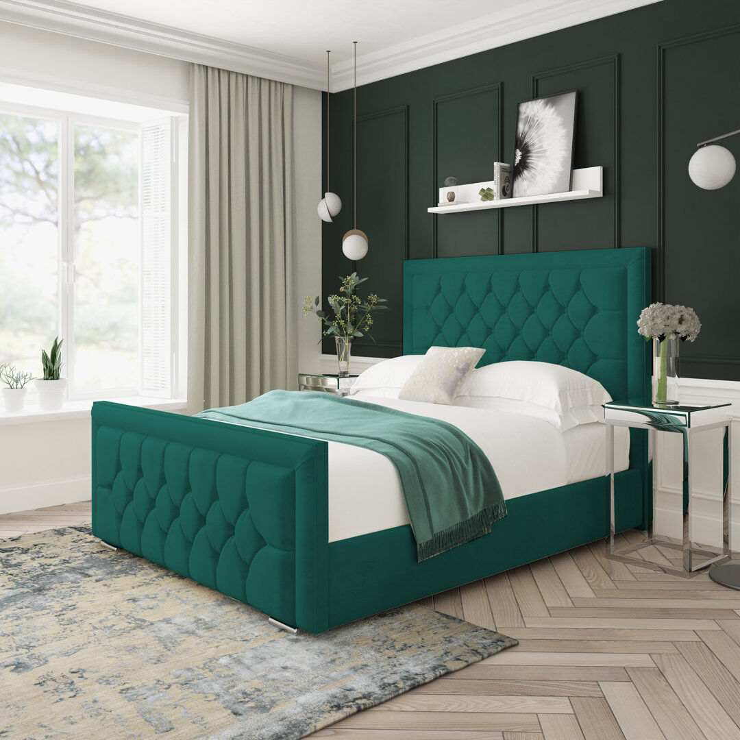 17 Stories Maple Plush Velvet Upholstered Ottoman Bed Frame Green Kingsize (5')