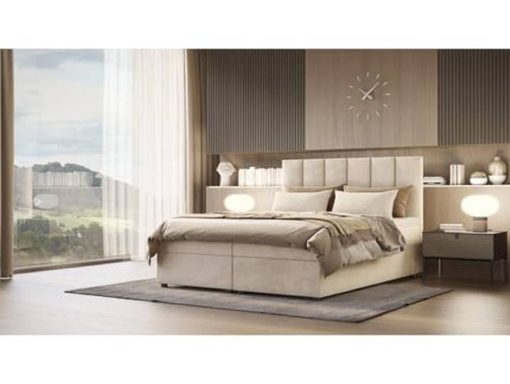 Verona Idee Boxspringbett Venus Kontinental 6 Größen Inkl. Lattenrost XXL Bettkasten 180cm x 200cm BEIGE Bonell Matraze und Toper 4cm