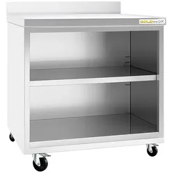 Offener Unterbauschrank aus Edelstahl 600x600 mm mit Rückwandaufsatz auf Rollen PREMIUM - GOLDINOX