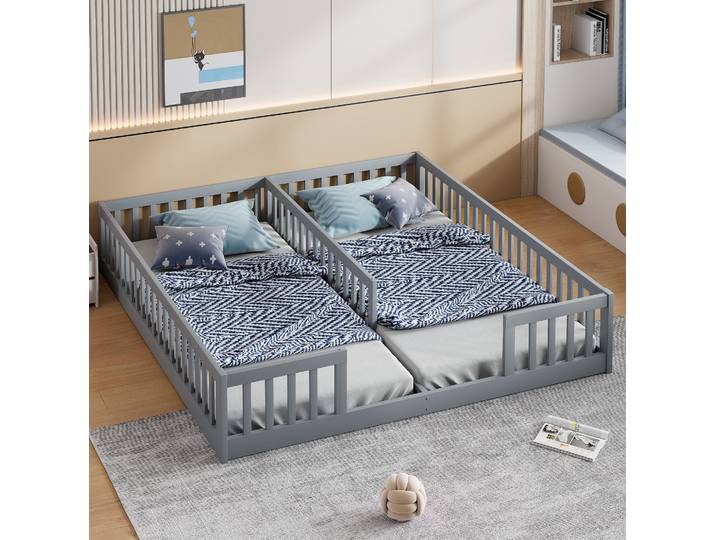 Lit 2x90x200 Enfant Avec Barrières Et Sommier Gris Havrya