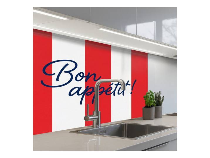 KitchenYeah Küchenrückwand selbstklebend (keine Folie) Essen – Spruch – Küche – Grafik – Rot-Weiß, (1-tlg), Spritzschutz, Küche, Rückwand, Küchenwand, Küchenfront, 300x60 cm