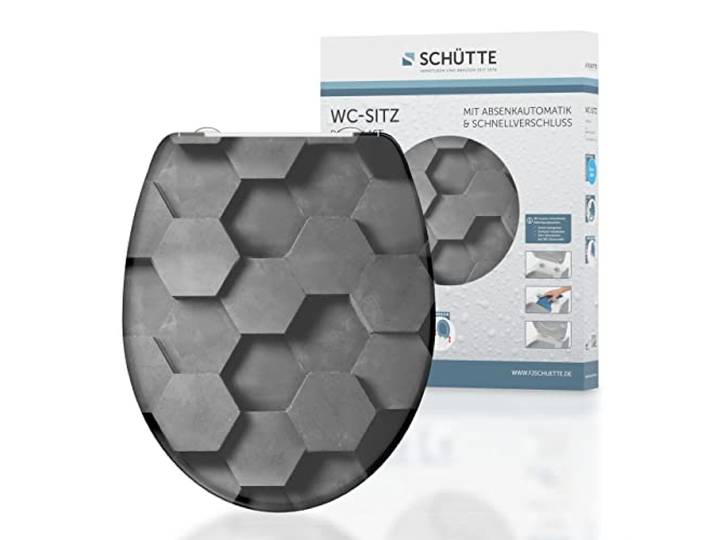 SCHÜTTE WC-Sitz HEXAGONS mit Absenkautomatik und Schnellverschluss aus Duroplast, Toilettendeckel mit 175kg Belastbarkeit, Toilettensitz mit Brille, Klodeckel für WC, Klobrille mit Motiv
