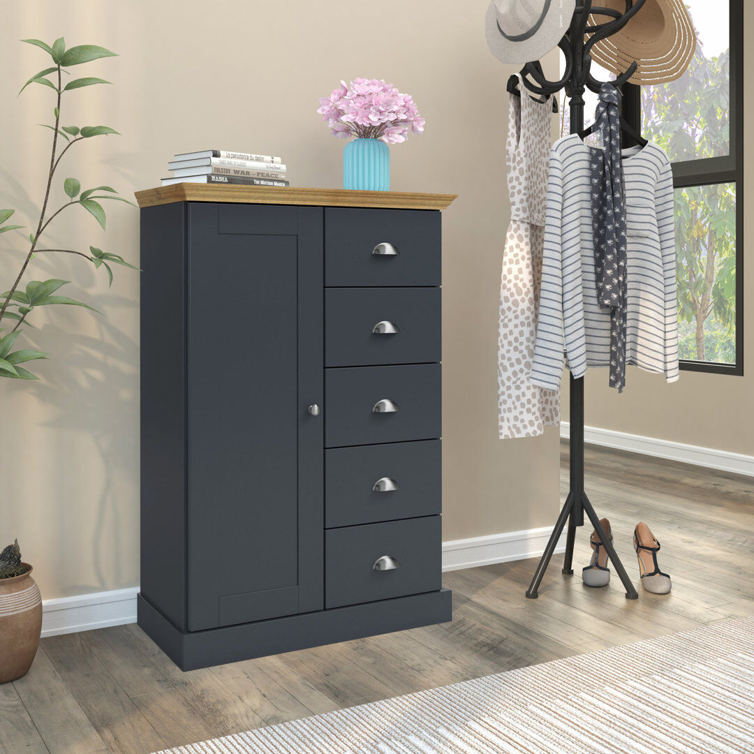 Notio Motala Solid Wood 75 cm W Chest of 5 Drawers Grey 110cm H X 75cm W X 35cm D