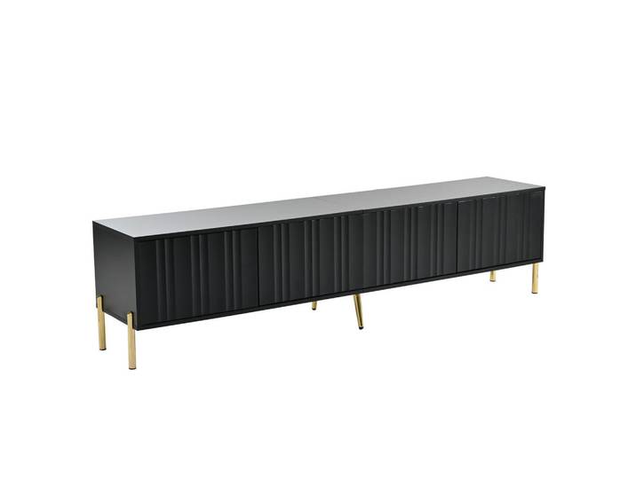 ComfortXL Lowboard De-40537 4 Türen mit Rillen-Design Schwarz, 190x48x38 cm, Wohnzimmer, TV Möbel, Lowboards, Lowboards stehend