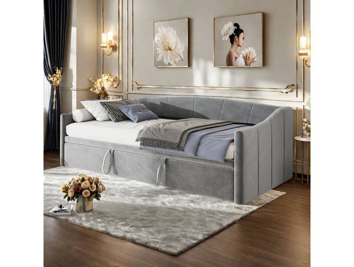 Lit rembourré Rosahqnda, canapé-lit escamotable, 90/180 x 200 cm avec sommiers à lattes, lit multifonctionnel en tissu velours