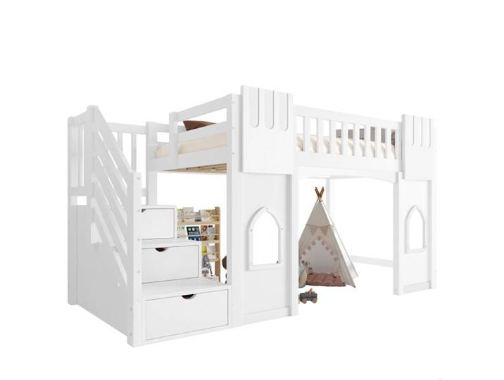 Hochbett 90x200 cm avec escalier de rangement et fenêtre coloris blanc idéal gain de place