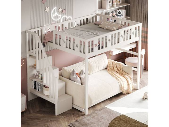 Lit mezzanine enfant - SOGEU - Lit Mezzanine 140x200cm - Escalier avec rangements - Barrières lune & étoile - Bois blanc